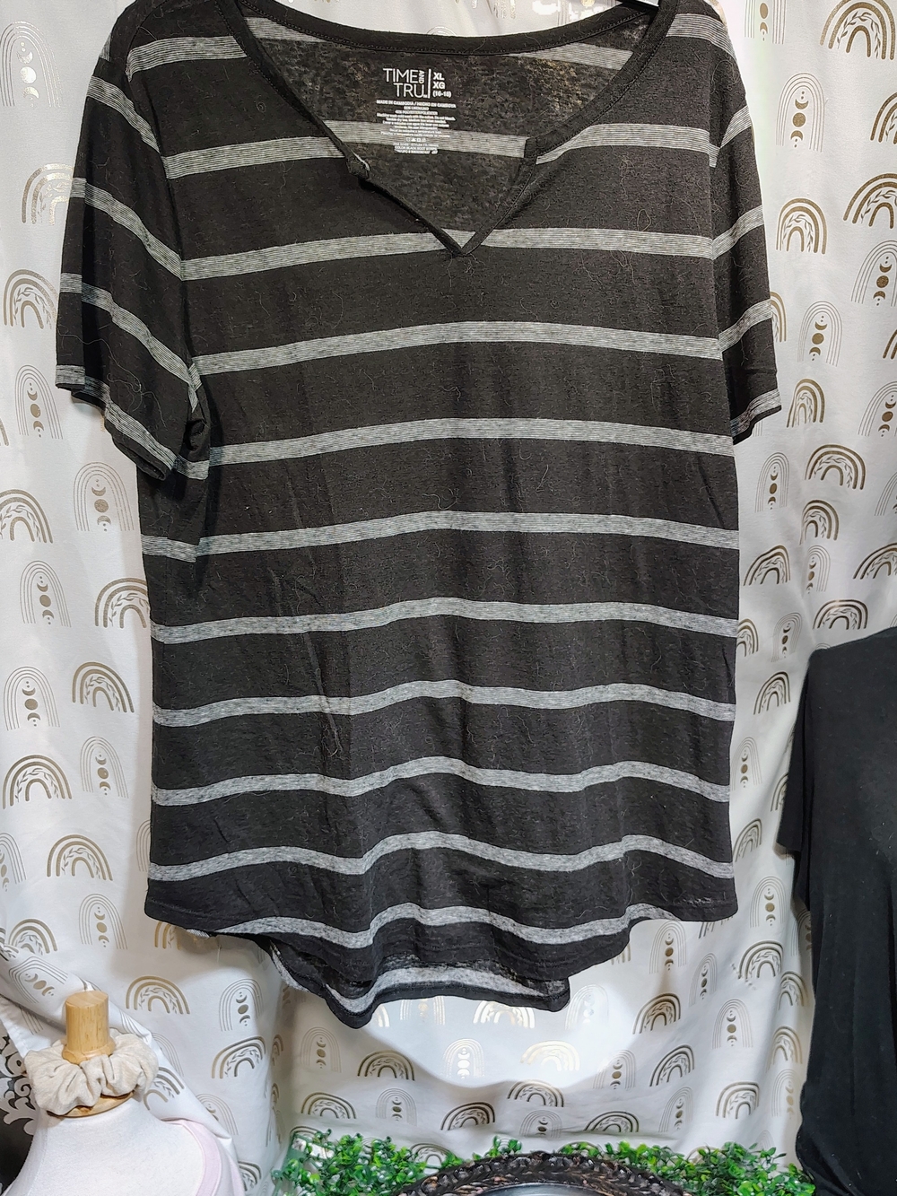 Time and Tru Black and Gray Striped V‑Neck Short Sleeve Tee